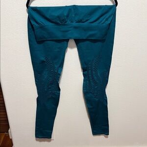 Teal High-Waisted Leggings with Lacy Mesh cutout design